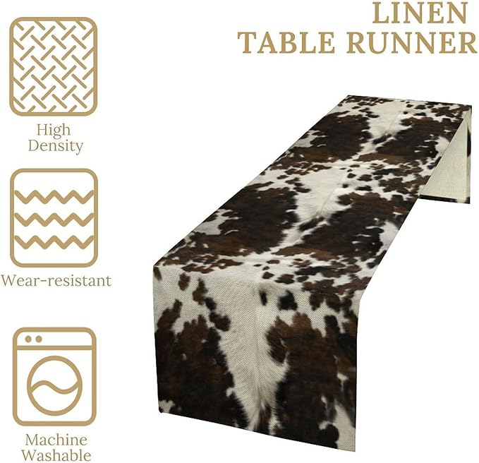 Cow Print Table Runner, Brown Cowhide Print Western Style Table Runner Country Farmhouse Cottage Cow Patten Table Decoration for Home Kitchen Dining, 13x120 Inch