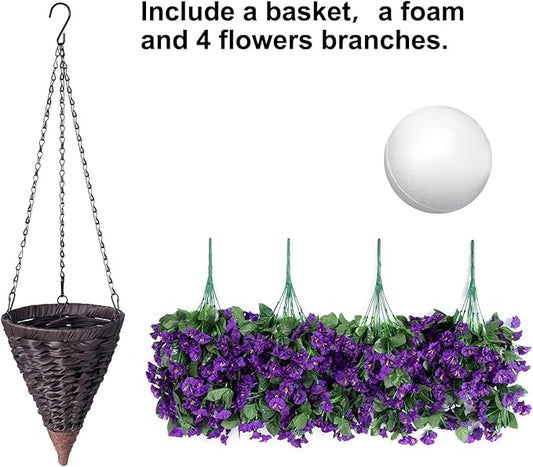 HyeFlora Artificial Faux Hanging Flowers Plants Basket for Outdoor Outside Porch Decoration, UV Resistant Fake Silk Purple Morning Glory Trailing Vines Realistic for Summer Home Balcony Yard Patio