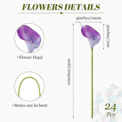 24 Pcs Artificial Calla Lily Flowers Colorful Fake Silk Flowers Real Touch for Wedding Bouquet Office Home Kitchen Decor
