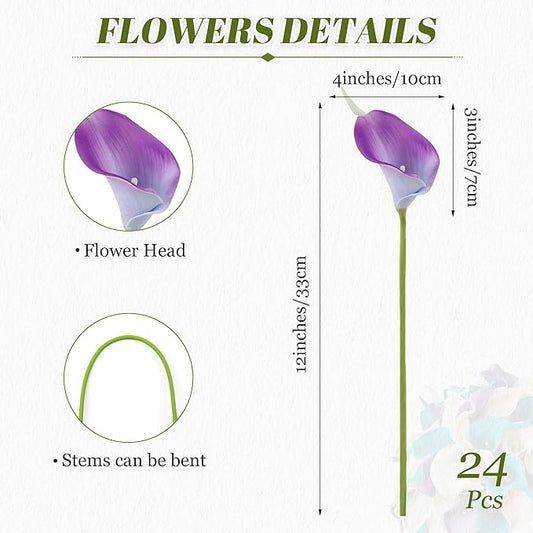 24 Pcs Artificial Calla Lily Flowers Colorful Fake Silk Flowers Real Touch for Wedding Bouquet Office Home Kitchen Decor