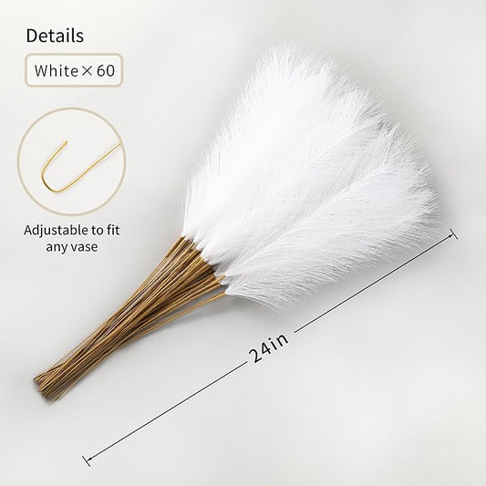 60pcs White Pampas Grass - 24 Inch Faux Pampas Grass Decor, Artificial Tall Pompas Grass for Wedding Flower Arrangement, Party Decorations, Christmas and Home Decor (White)