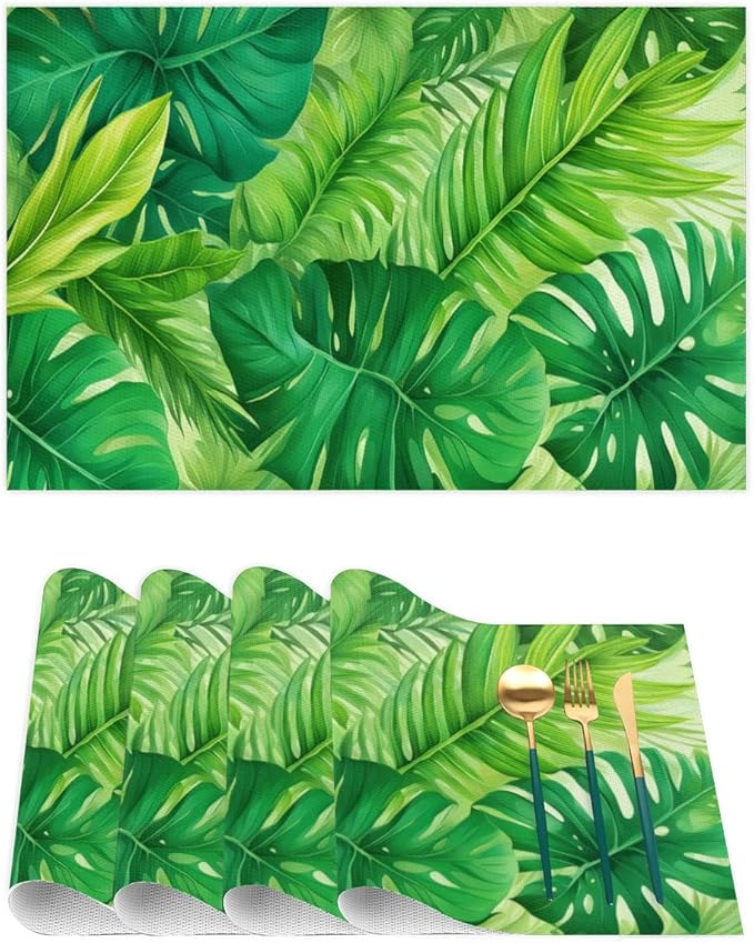 Green Summer Palm Leaf Placemats Set of 6 PVC Vinyl Non Slip Table Mats Waterproof Heat Resistant Place Mats Washable Wipeable Dining Table Mat for Kitchen Party Indoor Outdoor Decorative
