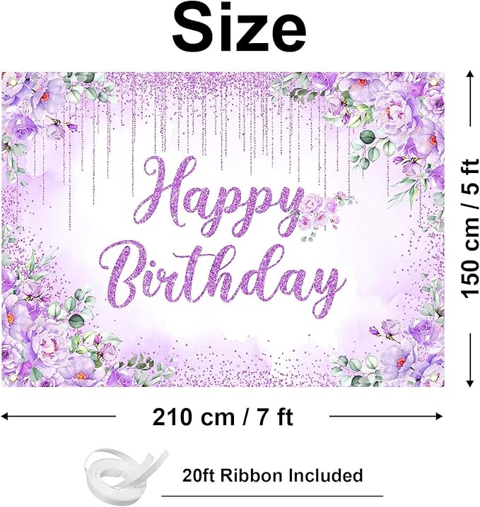 Avezano Happy Birthday Backdrop Banner for Girls Women Happy Birthday Party Decorations Floral Glitters Bday Banner Party Supplies (Purple, 7x5ft)
