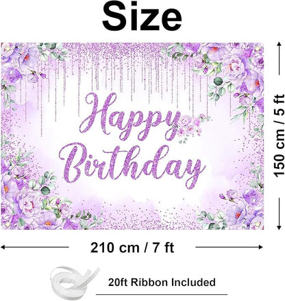 Avezano Happy Birthday Backdrop Banner for Girls Women Happy Birthday Party Decorations Floral Glitters Bday Banner Party Supplies (Purple, 7x5ft)