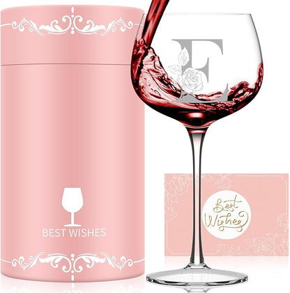 Personalized Gifts for Women, Monogrammed A-Z Wine Glass Customized Gift, Unique Christmas Birthday Gifts for Women Her Mom Friend Sister Wife Daughter Nurse (E)