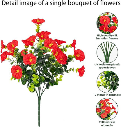 Artificial Outdoor Flowers 16 Bundles Fake Morning Glory Flower Outdoor UV Resistant Plastic Faux Flowers Plants for Decoration Indoor Outdoor Hanging Window Box Planter Home Porch Decor (Red)