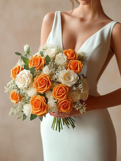 InnoGear Artificial Flowers, 50 Pcs Orange Rose Foam Fake Roses Bulk with Stems for Autumn Fall Decoration DIY Wedding Bouquets Centerpieces Bridal Shower Party Christmas Tree