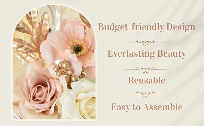 Ting's time Wedding Arch Flowers and Drape Kit (Set of 5) 2 Pcs Artificial Floral Swag Arrangement 3 Pcs Arch Draping Fabric for Wedding Ceremony Arbor and Reception(Beige)