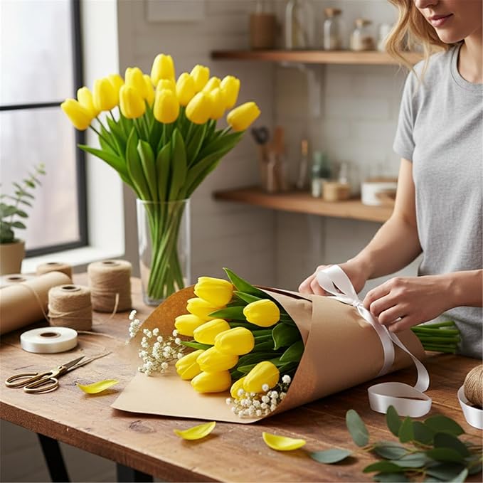 Yellow Faux Tulips (20 Pcs) - Premium PU Artificial Flowers for Christmas & Thanksgiving Table Setting, Winter DIY Home Decor - 13.5" Real Touch