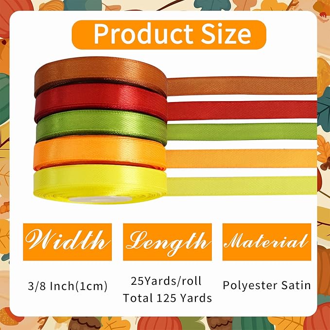 TONIFUL 5 Rolls Thanksgiving Satin Ribbon - 3/8 Inch x 25 Yards Fall Ribbon for DIY Crafts, Gift Wrapping, Table Decor,Wreaths Decor, Autumn Party & Home Decoration (Brown, Orange, Rust, Moss, Yellow)