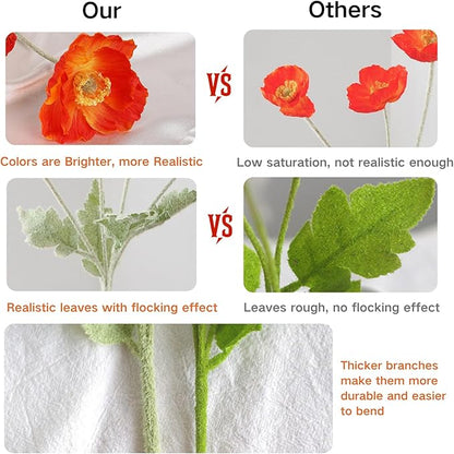 ASTRYAS Poppy Artificial Flowers, 8Pcs Silk Poppies Fake Faux Flowers for Decoration Silk Bouquet,for Wedding, Home, Party Decoration,Table Centerpiece Arrangement(Orange Red, 8pcs)