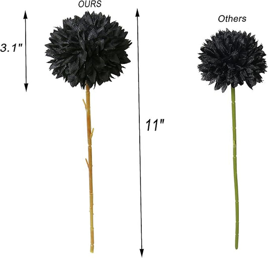Tinsow 12 Pcs Faux Ball Chrysanthemum Bouquet Black Flowers for Home Halloween Party Fall Harvest Festival Decoration (Black, 12)