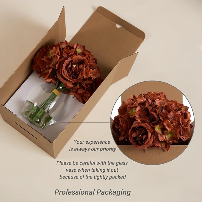 Burnt Orange Silk Peonies Artificial Flowers & Hydrangea in Glass Vase with Fake Water, Fake Austin Rose Bouquet with Vase for Fall Home Hotel Office Wedding Party Decor as Table Centerpieces & Gift