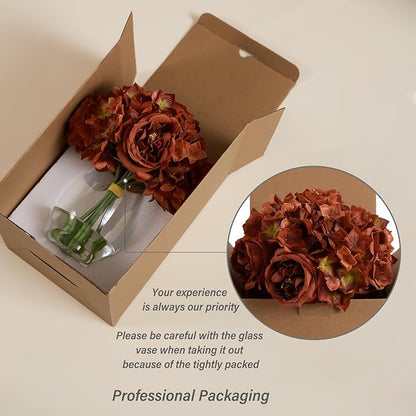 Burnt Orange Silk Peonies Artificial Flowers & Hydrangea in Glass Vase with Fake Water, Fake Austin Rose Bouquet with Vase for Fall Home Hotel Office Wedding Party Decor as Table Centerpieces & Gift