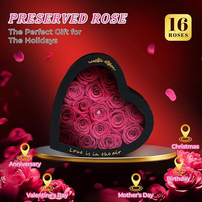 16 Pieces Forever Flower Heart Shape in a Box Preserved Blue Roses for Delivery Grade A Quality 100% Real Immortal Flowers Eternal Birthday for Her Mom Women Wife Girlfriends (Pink)