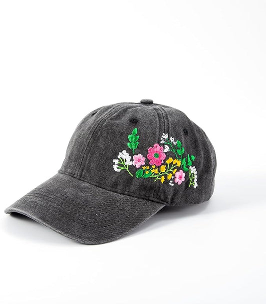 Cute Embroidered Flower Hat, Adjustable Black Cotton Baseball Cap for Women Men, Gifts for Flower Lovers