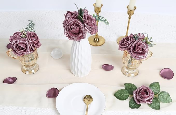 IPOPU Fake Roses,50PCS Rose Gold Flowers Artificial Glitter Roses with Stems for Crafts DIY Wedding Bouquet Home Party Decoration(Rose Gold)