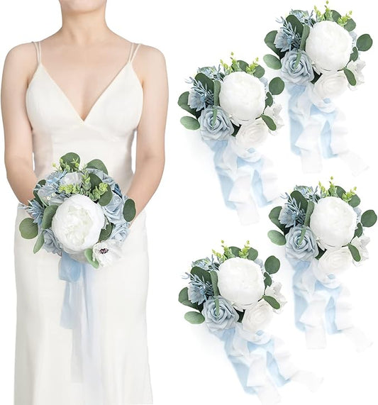 Ling's moment Artificial Flowers Dusty Blue Bridesmaid Bouquet Set of 4, Blue & White Wedding Flowers Bouquets for Bridesmaids, 7 Inch Bridal Bouquets for Bridesmaids