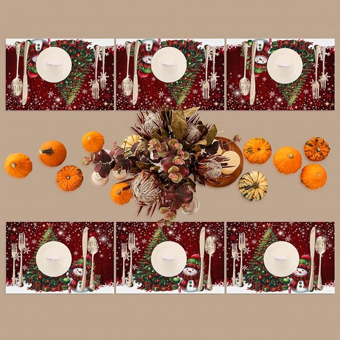 Xmas Christmas Tree Snowman Red Placemats Set of 6 PVC Vinyl Non Slip Table Mats Heat Resistant Place Mats Washable Wipeable Dining Table Mat for Kitchen Decor Party Indoor Outdoor Decorative Gift