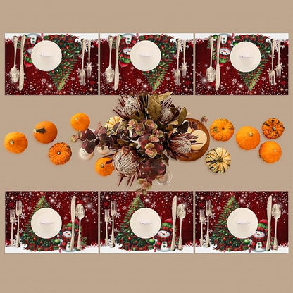 Xmas Christmas Tree Snowman Red Placemats Set of 1 PVC Vinyl Non Slip Table Mats Heat Resistant Place Mats Washable Wipeable Dining Table Mat for Kitchen Decor Party Indoor Outdoor Decorative Gift