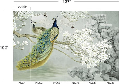 Eierme-Flower Pattern Peacock Illustration Wallpaper Mural Wallpaper Peel and Stick 137" x 102"
