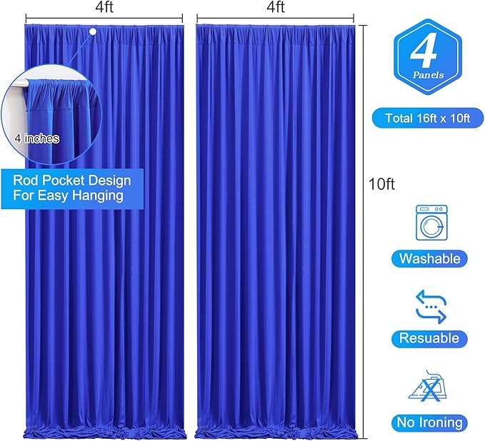 Wish Care Royal Blue Backdrop Curtain 4 Panels - Wrinkle-Free Polyester Photography Drapes for Baby Shower & Birthday Party - 16 X10FT