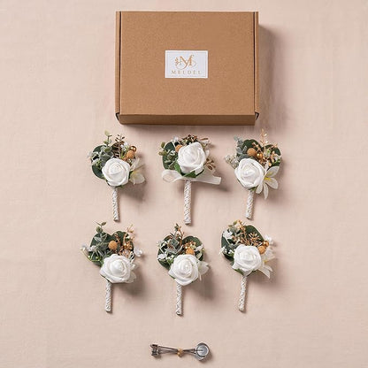 Meldel White Boutonniere for Men Wedding with Pins,Set of 6, Greenery Corsage Rose Groom Groomsmen Boutonniere for Wedding,Prom,Homecoming,Party,etc.