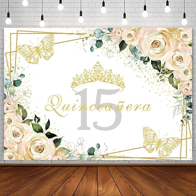 SENDY 8x6ft Quinceañera Backdrop Mis Quince 15 Anos Birthday Party Decorations Supplies for Girl Princess White Floral Gold Crown Butterfly Photography Background Banner Photo Booth Studio Props Vinyl