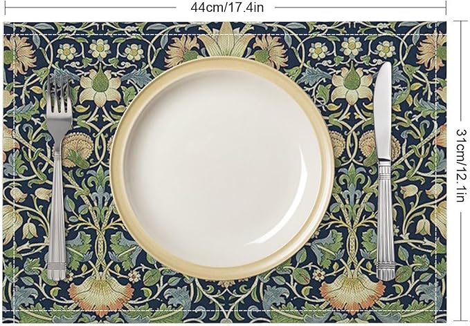 William Morris Flower Placemats Set of 4, Vintage Botanical Plant Place Mats, Heat Resistant Non Slip Cotton Linen Dining Table Mats for Home Kitchen Party 18x12 Inch