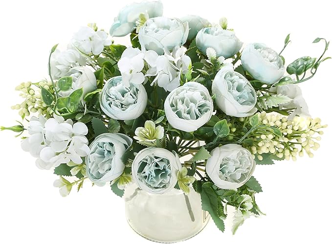 Artificial Flowers Fake Peony Silk Mini Plastic Bridal Flowers for DIY Wedding Bouquets Home Decorations 4 Packs(Light Blue)
