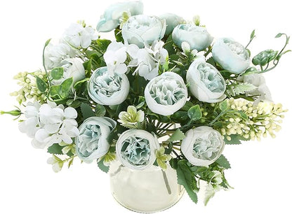 Artificial Flowers Fake Peony Silk Mini Plastic Bridal Flowers for DIY Wedding Bouquets Home Decorations 2 Packs(Light Blue)
