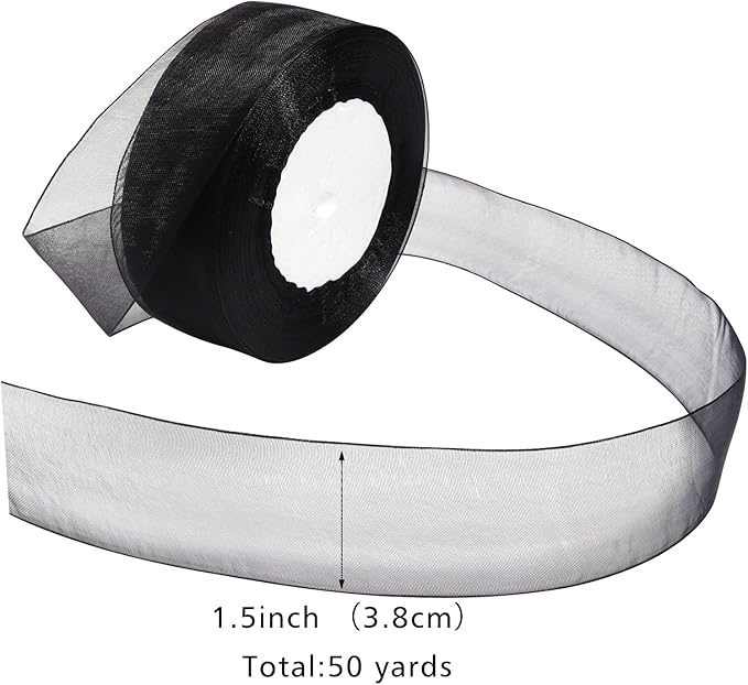Black Ribbon for Gift Wrapping 1-1/2 inch Sheer Organza Ribbon for Flower Bouquet Tulle Chiffon Ribbons for Wedding Invitations Christmas Decorations Crafts 50 Yards