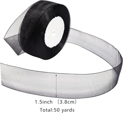 Black Ribbon for Gift Wrapping 1-1/2 inch Sheer Organza Ribbon for Flower Bouquet Tulle Chiffon Ribbons for Wedding Invitations Christmas Decorations Crafts 50 Yards