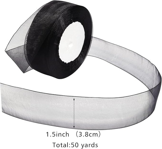 Black Ribbon for Gift Wrapping 1-1/2 inch Sheer Organza Ribbon for Flower Bouquet Tulle Chiffon Ribbons for Wedding Invitations Christmas Decorations Crafts 50 Yards