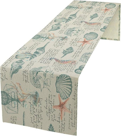 Starfish Table Runner,Seashells Beach Coastal Nautical Sailboat Jellyfish Vintage Hand Drawn Burlap for Hotel Indoors Outdoor Dining Room Kitchen Table Decor, 13x36in