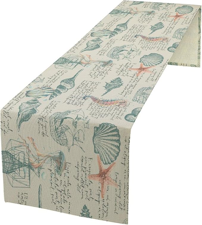 Starfish Table Runner,Seashells Beach Coastal Nautical Sailboat Jellyfish Vintage Hand Drawn Burlap for Hotel Indoors Outdoor Dining Room Kitchen Table Decor, 13x80in