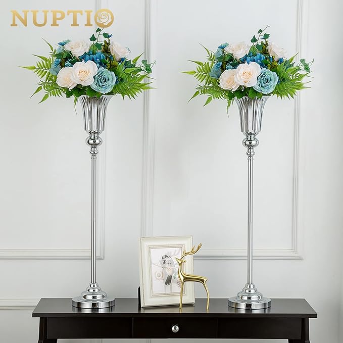 NUPTIO Centerpiece Vase Tall Wedding: 2 Pcs 30.5" Silver Flower Stand for Table Metal Trumpet Vase for Party Decorations