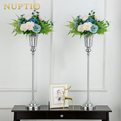 NUPTIO Centerpiece Vase Tall Wedding: 2 Pcs 30.5" Silver Flower Stand for Table Metal Trumpet Vase for Party Decorations