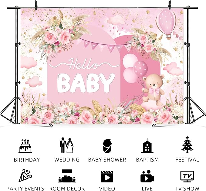 6x4ft Hello Baby Backdrop Pink Gold Boho Floral Bear Baby Shower Photography Background Balloon Stars Clouds Banner Decorations Welcome Newborn Celebration Party Portrait Photo Booth Prop