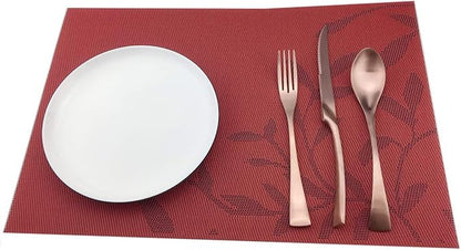 Gugrida Place Mats PVC Set of 6, Table Placemats Set of 6 PVC Table Mats Natural Color (6 pcs, Red Leaves)