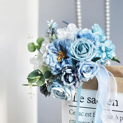Dusty Blue Wedding Bouquets for Bride Bridesmaid,White Navy Blue Artificial Fake Silk Roses Flowers Bridal Bouquets for Wedding Boho Rustic French Vintage Church Decoration Toss Bouquet (8.6in(M))