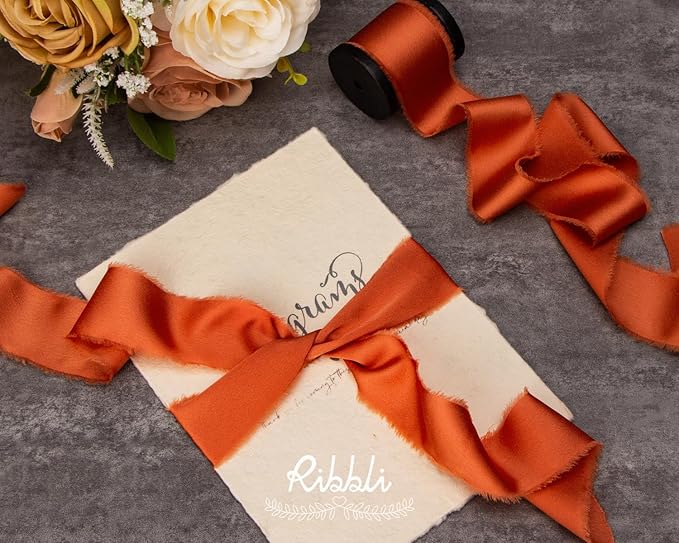 Ribbli Terracotta Silk Satin Ribbon 1.5 Inch x 30 Yard Handmade Frayed Chiffon Burnt Orange Ribbon for Gift Wrapping Wedding Invitations Bridal Bouquets Home Decor