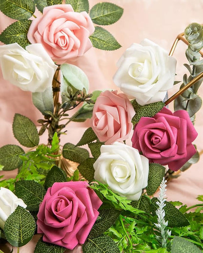 DuHouse 25Pcs Artificial Roses Flowers Fake Roses with Stems Real Touch Foam Flowers for DIY Wedding Bouquet Baby Shower Centerpiece Floral Arrangement Party Home Decor(Cream)
