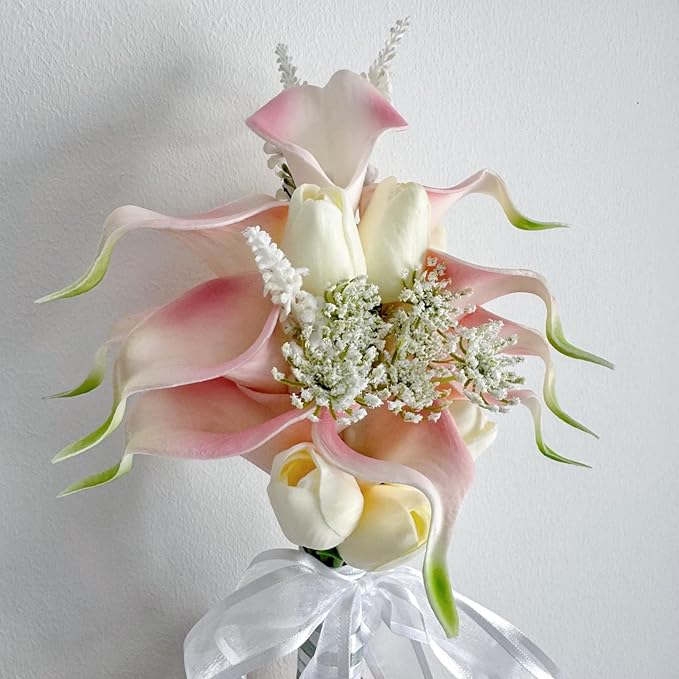 Floral Bouquet 12 Artificial Calla Lilies with 8 Artificial Tulip Flowers, Bridesmaid Bouquet with Wedding Ceremony Festivals Anniversary Bridal Rehearsal Party Bar Table Decor(Cream and Pink)