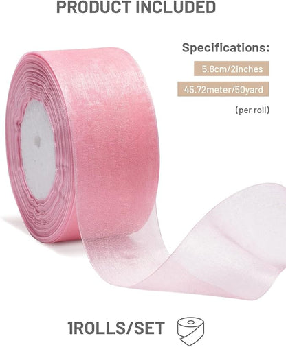 Pink Organza Ribbon for Gift Wrapping, FAKILO 2 Inch Shimmer Sheer Wrapping Ribbon for Bouquet, Wedding, Christmas Gift - 50 Yards Each Roll