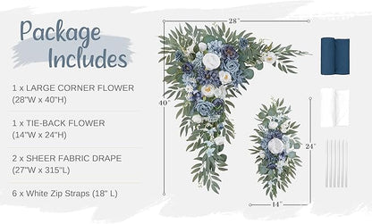 Wedding Arch Flowers with Drapes Kit (Pack of 4) - 2pcs Artificial Dusty Blue Deluxe Swag with 2pcs Sheer Drapes for Wedding Ceremony Arbor Reception Backdrop Rose Floral Decoration