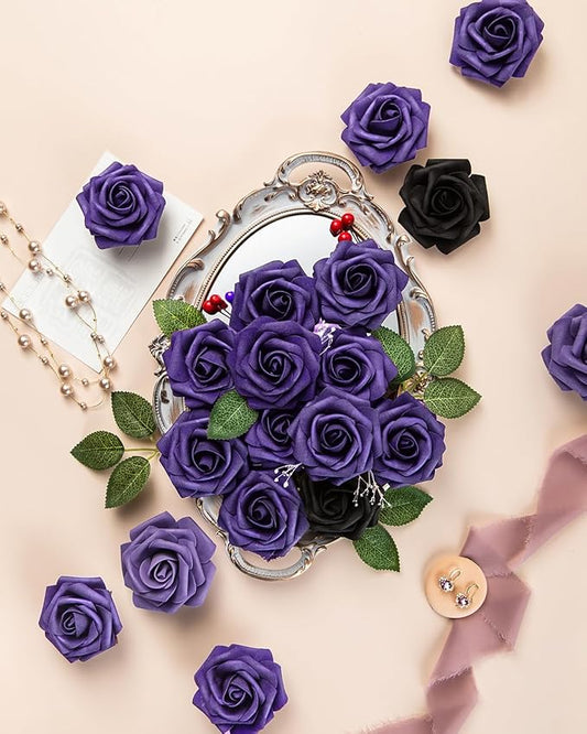 DuHouse 25Pcs Artificial Roses Flowers Fake Roses with Stems Real Touch Foam Flowers for DIY Wedding Bouquet Baby Shower Centerpiece Floral Arrangement Party Home Decor (Dark Purple)