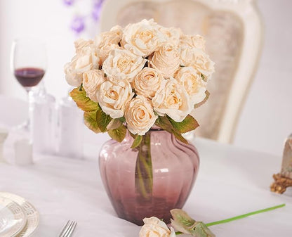 Rose Artificial Flower 28pcs Realistic Faux Silk Roses Fake Flowers Bouquets Arrangements Decor for Wedding Spring Mother's Day, Home Table Decorations, Champagne Flower