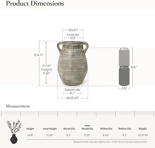 LuxenHome Rustic Ceramic Vase,12.5'' Tall Brown Terracotta Jug Pottery for Dining Table Decor,Farmhouse Decorative Flower Vase Shelf Decor Living Room Home Decor