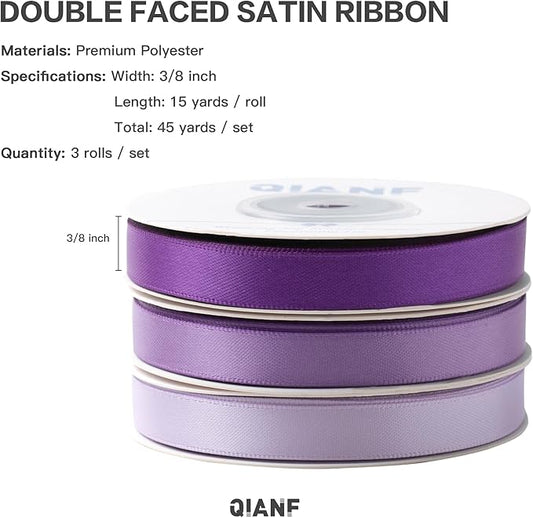Purple Double Face Satin Ribbon 3/8 Inch x 45 Yards Lavender Fabric Ribbon for Gift Wrapping, Flower Bouquets, Hair Bows Making, Wedding Decoration, Invitation Cards, Christmas (3 Rolls *15Yd)